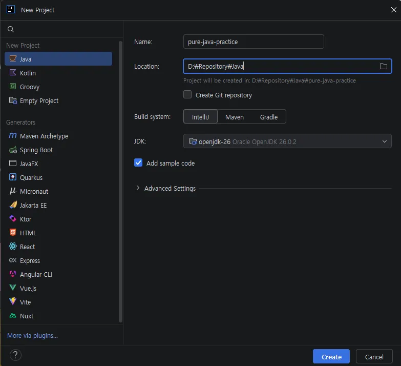 IntelliJ 새 Java 프로젝트 화면