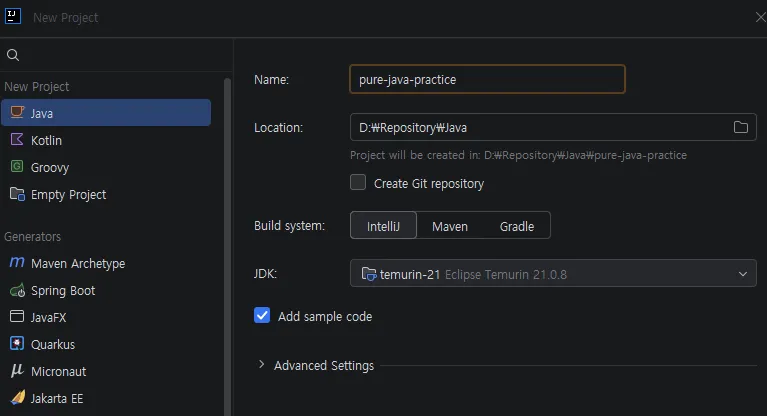 IntelliJ 새 Java 프로젝트 화면